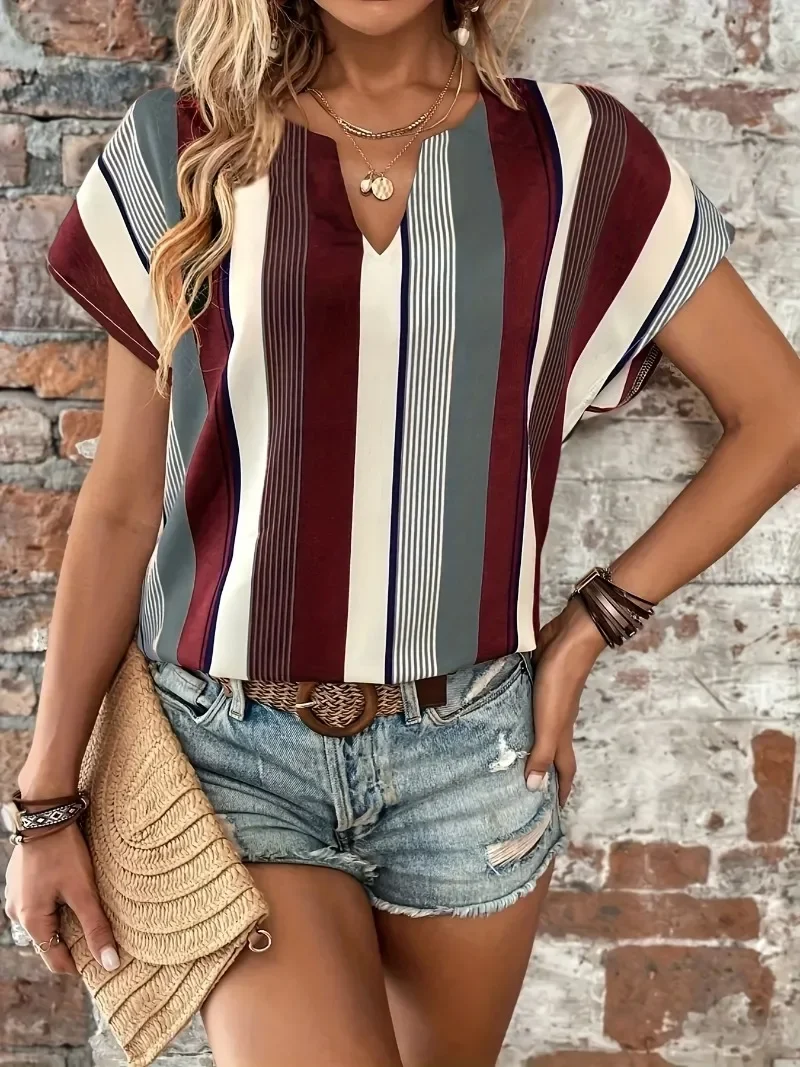 Plus Size 1XL-8XL Casual T-shirt Women's Plus Stripe Print Short Sleeve Notched Neck Top