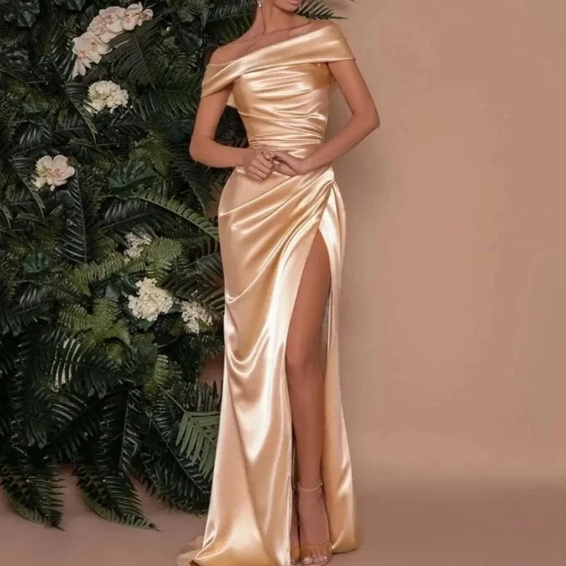 

Women'S Sexy Topless Shoulder Sleeveless Frilly Evening Dress Floor-Length High Slit Mermaid Ball Dress