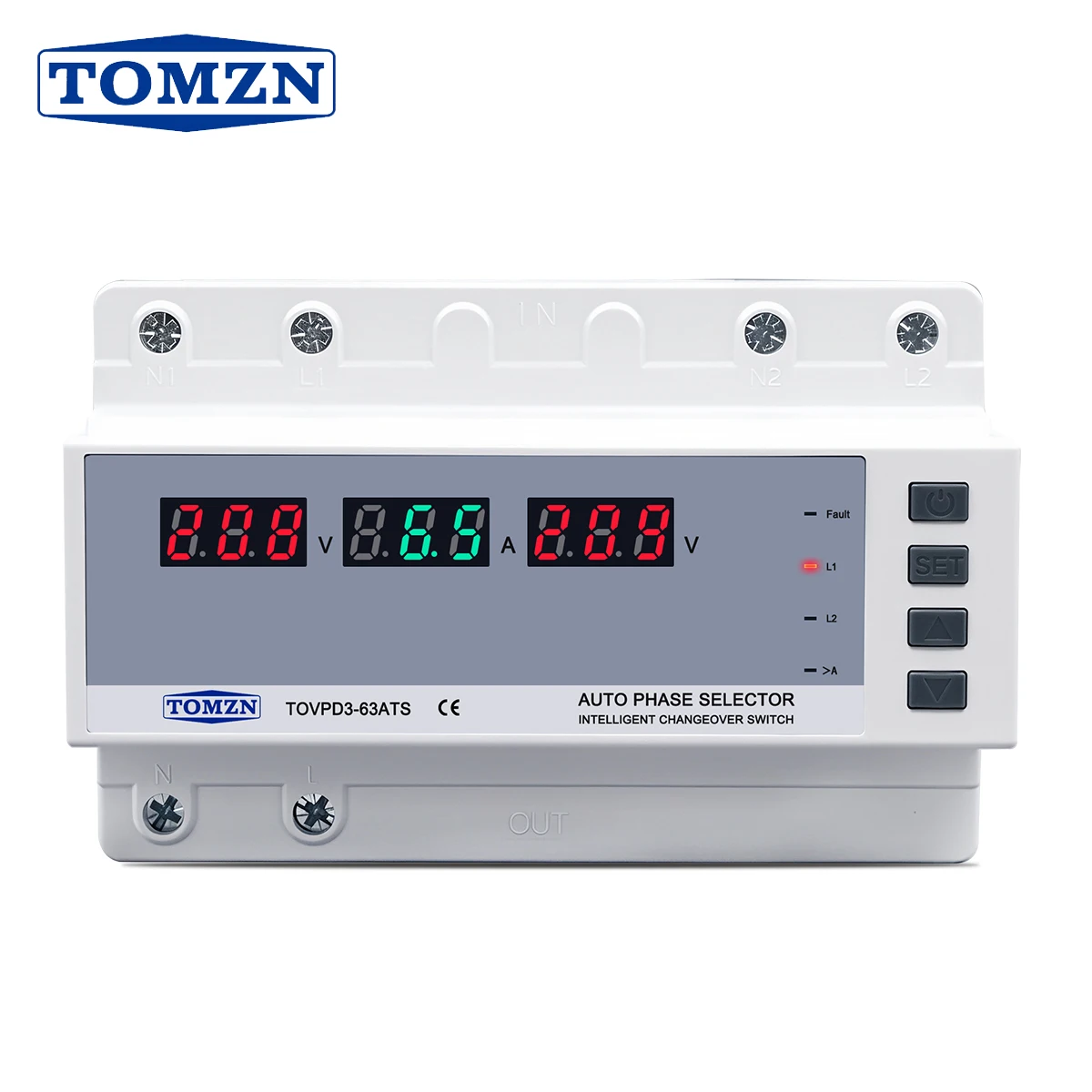 Relay-type Automatic Phase Selector ATS Dual Power Switch Changeover Switch OCP OVP UVP CUT OFF L N Tomzn Official 2P 230V 63A