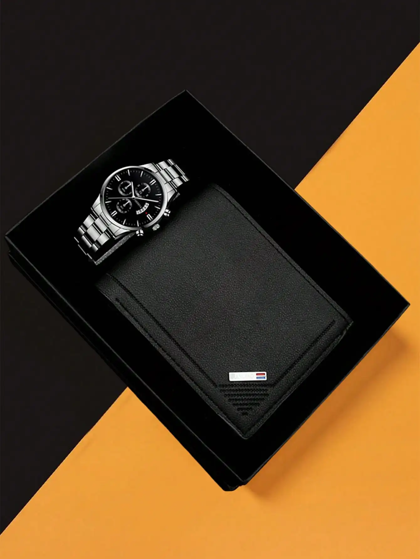 

Мужской подарочный набор: классические кварцевые часы и кожаный кошелек в черной коробке