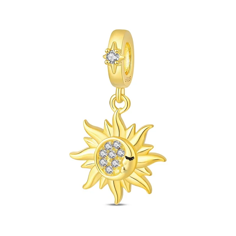 

925 Sterling Silver Golden Sun Charms Pendant For Women Fit Original Bracelet DIY Birthday Party Jewelry Gifts