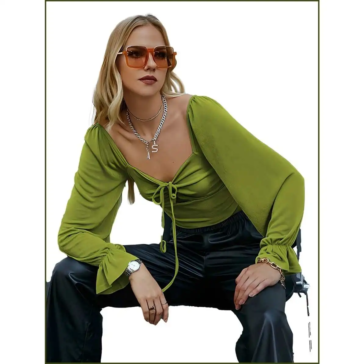 

Women's Sexy Hollow ort Waist T-irt Top Knot Long Sve Cotton Ruffle Sve Slim Fit Casual irt