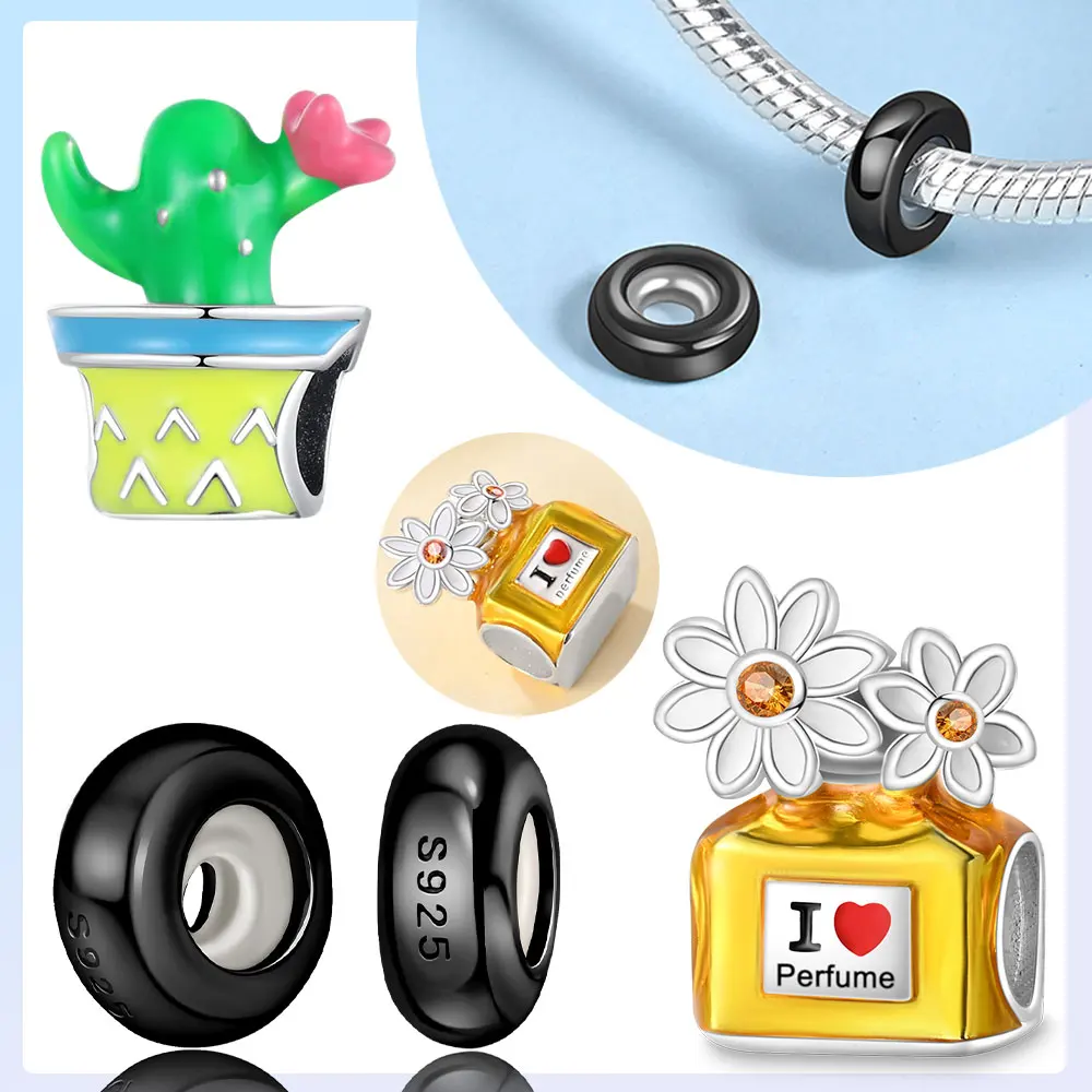 925er Silber vergoldete Gänseblümchen-Parfümflaschenperlen, High Heels, Tasche, Lippenstift-Anhänger, geeignet für Frauen, Geburtstagsgeschenk, DIY-Armband