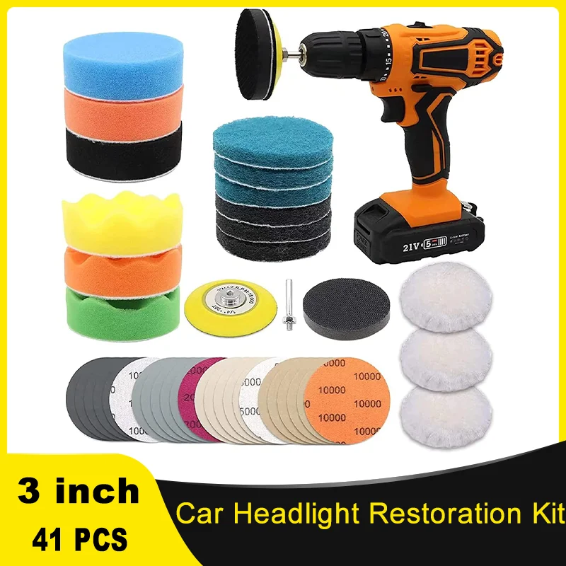 

41Pcs Car Headlight Restoration Kit 3 Inch Car Polishing Sanding Discs with 1/4 Inch Shank Backing Pad Scouring Pads Buffing