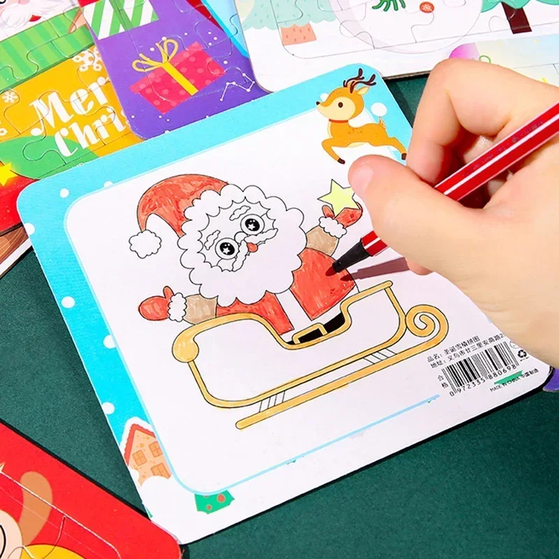 1Pcs Cute Santa Claus Snowman Paper Jigsaw Puzzles Graffiti Educational Toys for Kids Christmas Theme Party Favors School Prize