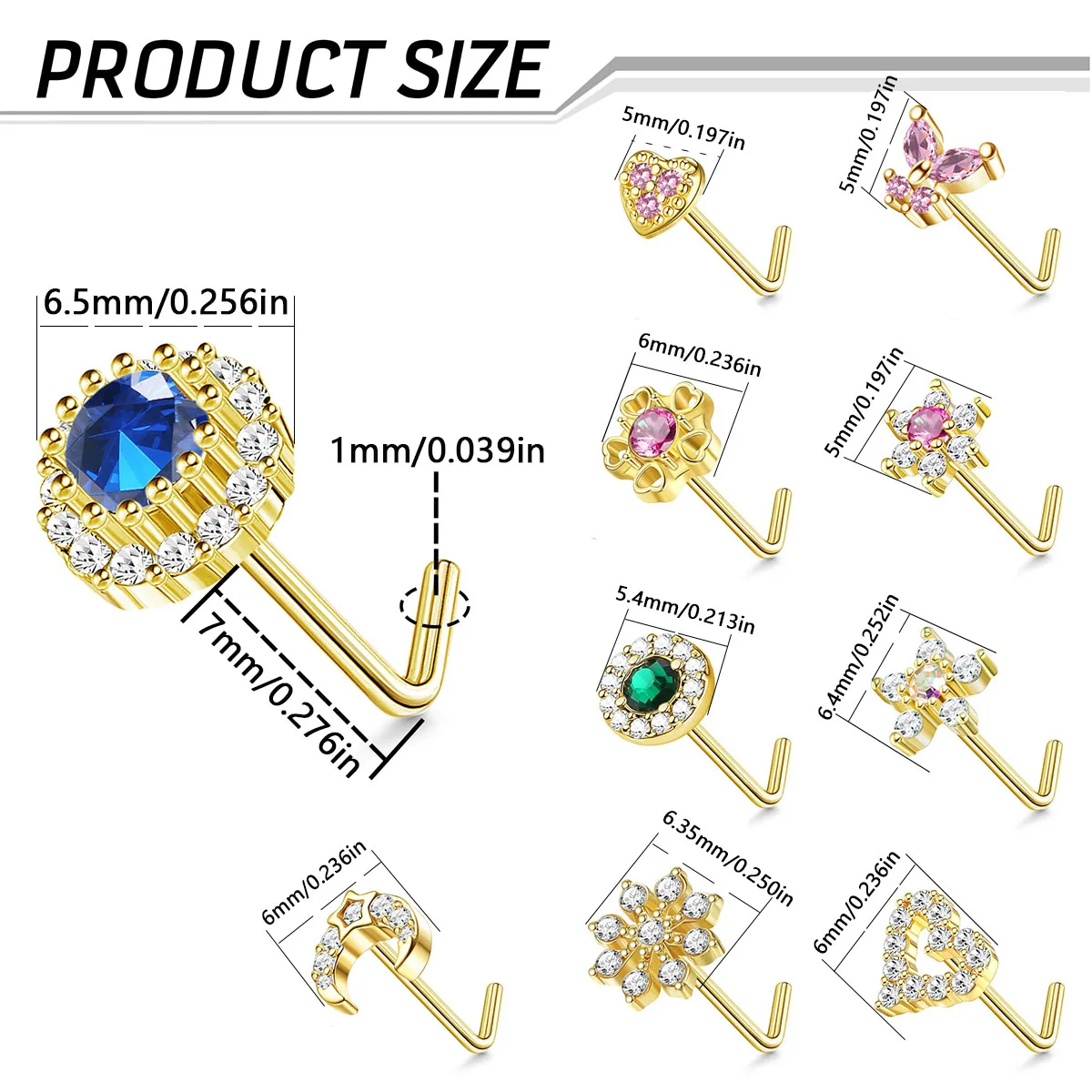 10 pieces of 316L stainless steel L-shaped inset shining zircon nose stud, fashionable piercing jewelry for women