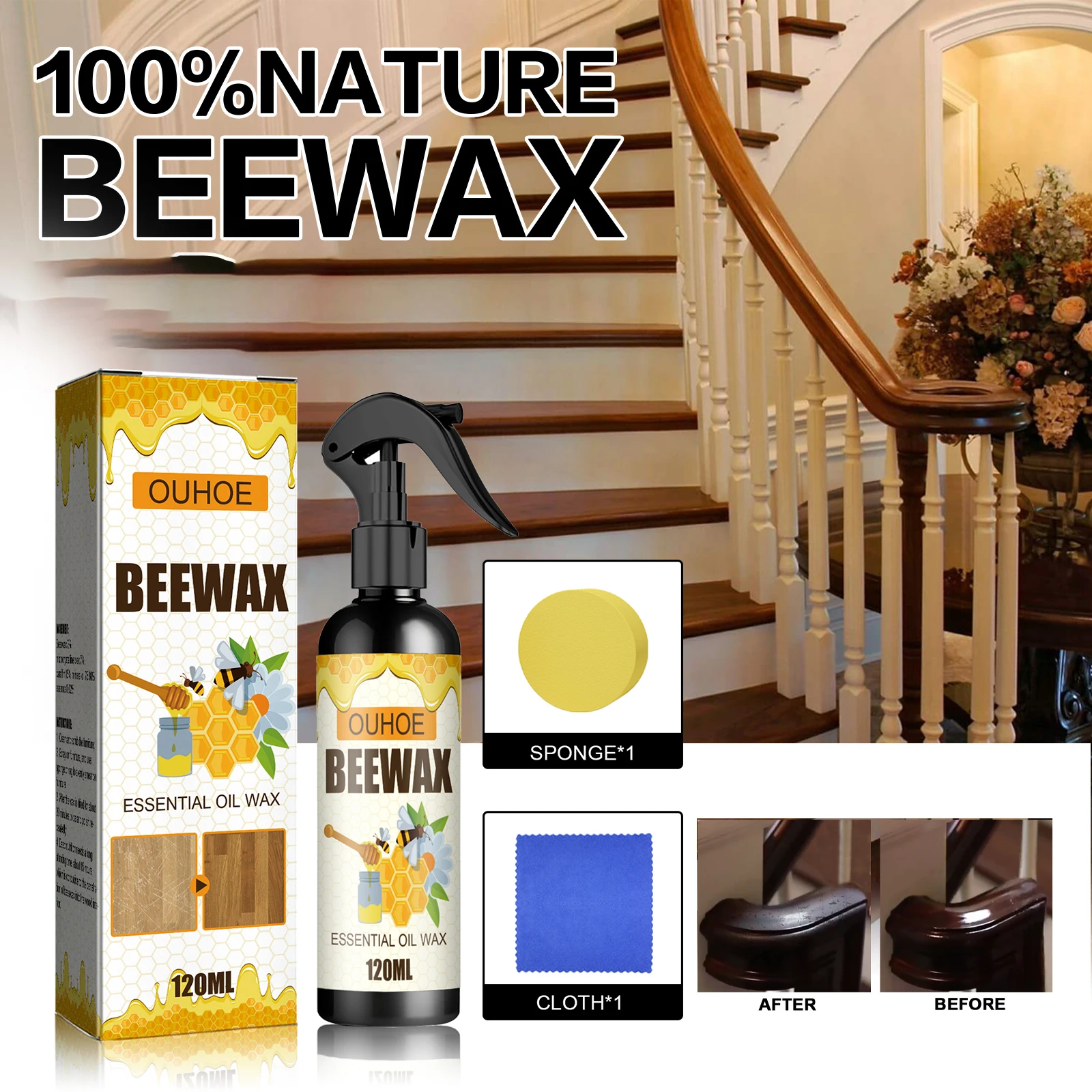 OUHOE Beeswax Furniture Polish All-Purpose Beeswax Wood Cleaner Spray for Household Furniture Protection Polishing Cabinets