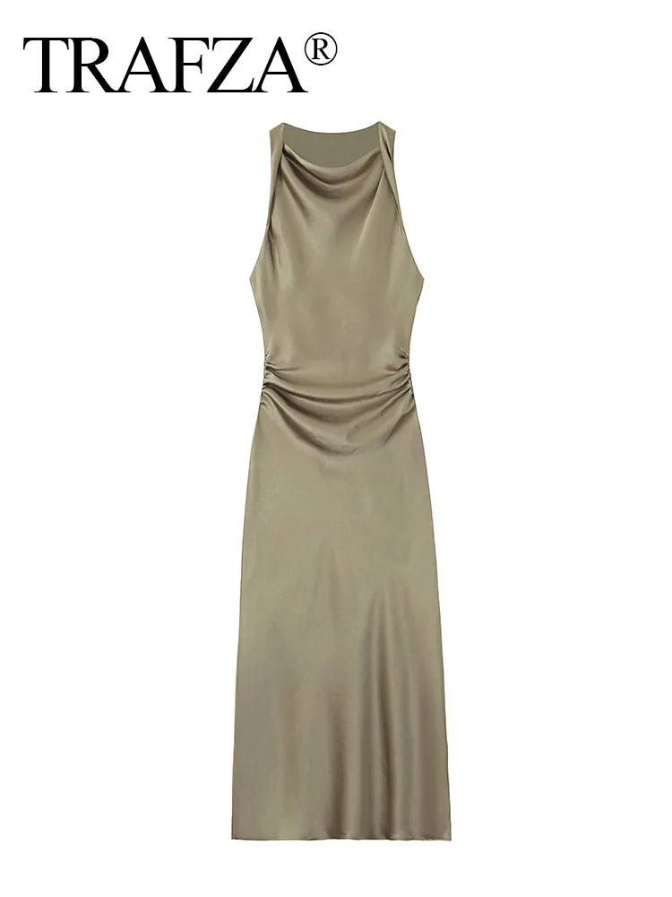 TRAFZA abito estivo per donna 2024 raso di seta strutturato o-collo senza maniche vita pieghettato abiti lunghi Slim abito elegante Vestidos
