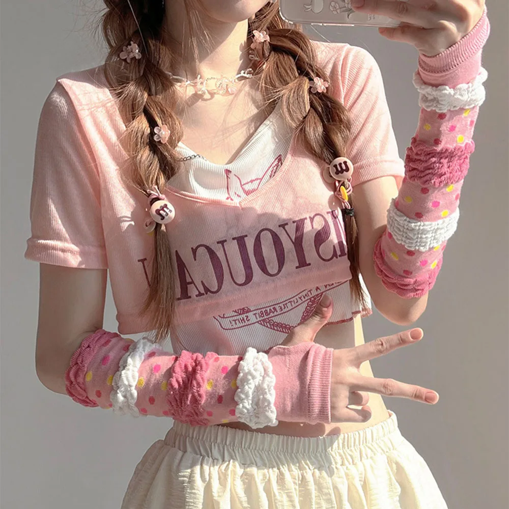 Y2k Lolita Pink Long Gloves Cute Girls Fluffy Bubble Design Color Dots Sleeves Women Sunscreen Oversleeves Arm Warmers Hot Girl