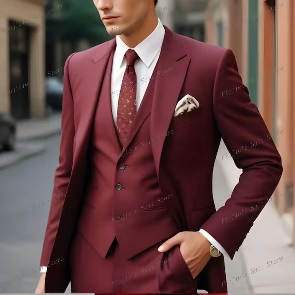 

New Burgundy Men Suit Groom Groomsman Wedding Party Prom Business Formal Occasion Male Tuxedos 3 Piece Set Blazer Vest Pants