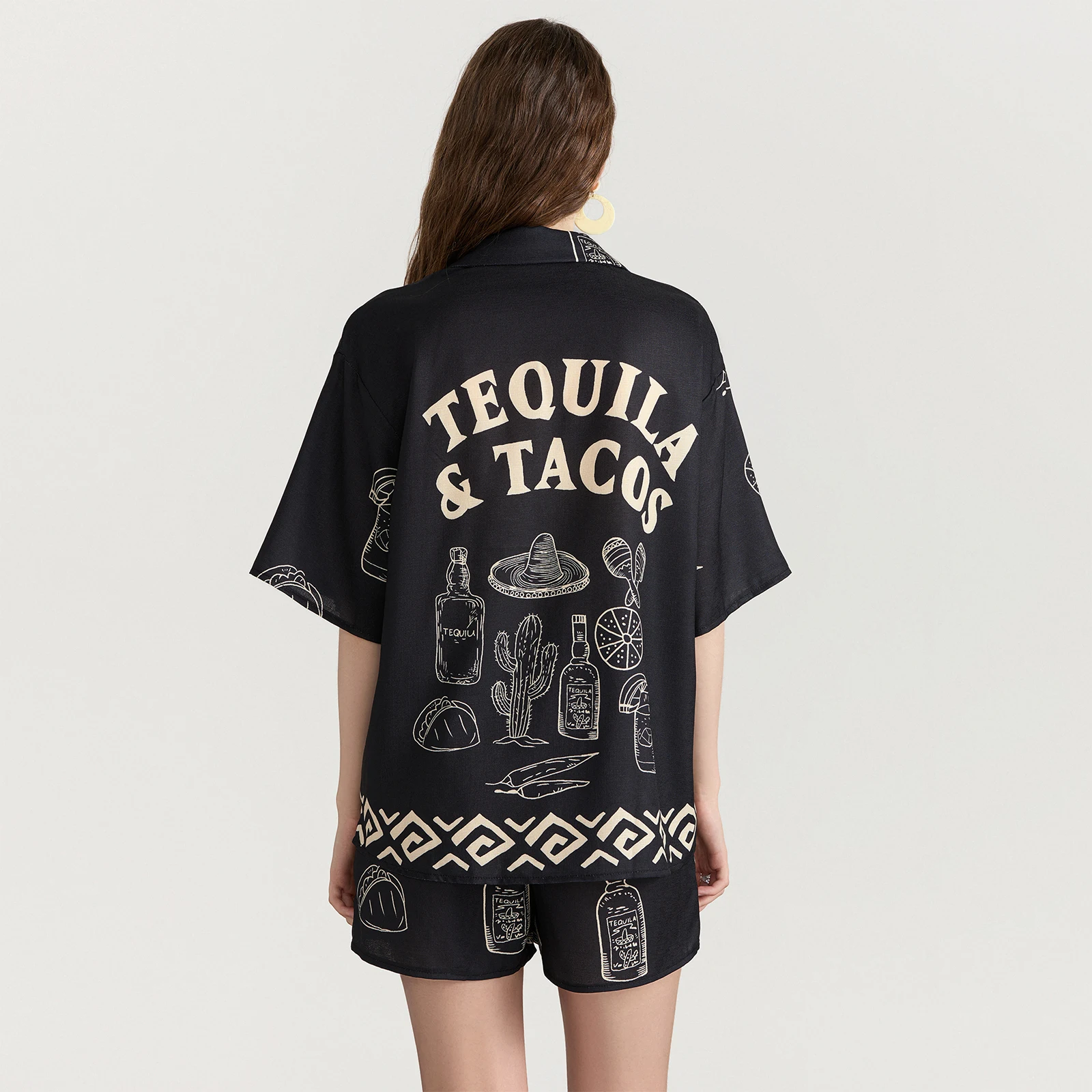 Summer Pajamas Set for Women 2 Pieces Loungewear Suits Tacos Tequila Letter Print Short Sleeve Loose Tops and Shorts Sleepwear