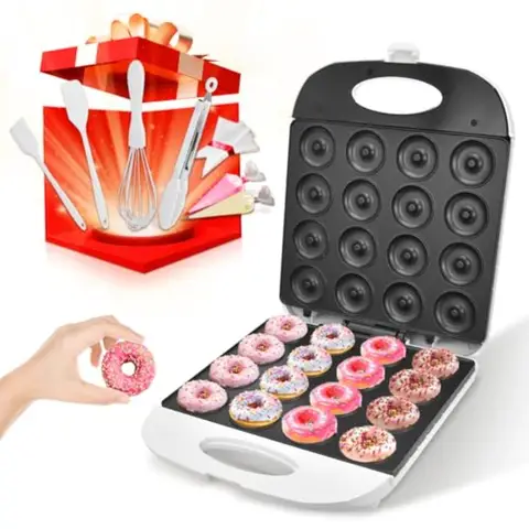All in One 2 Inch Mini Donut Maker Non-Stick Cool Touch Electric Doughnut Machine for 16 Snacks Desserts Perfect for Birthday W