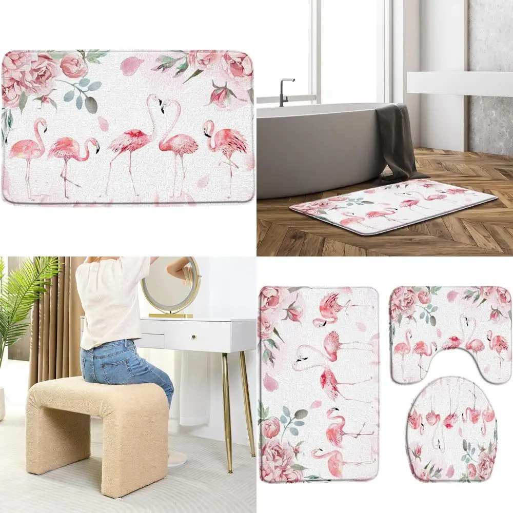 

Tropical Flamingo and Rose Watercolor Bath Mat with Romantic Pink and White Tones for a Refreshing Bathroom Shower Experience