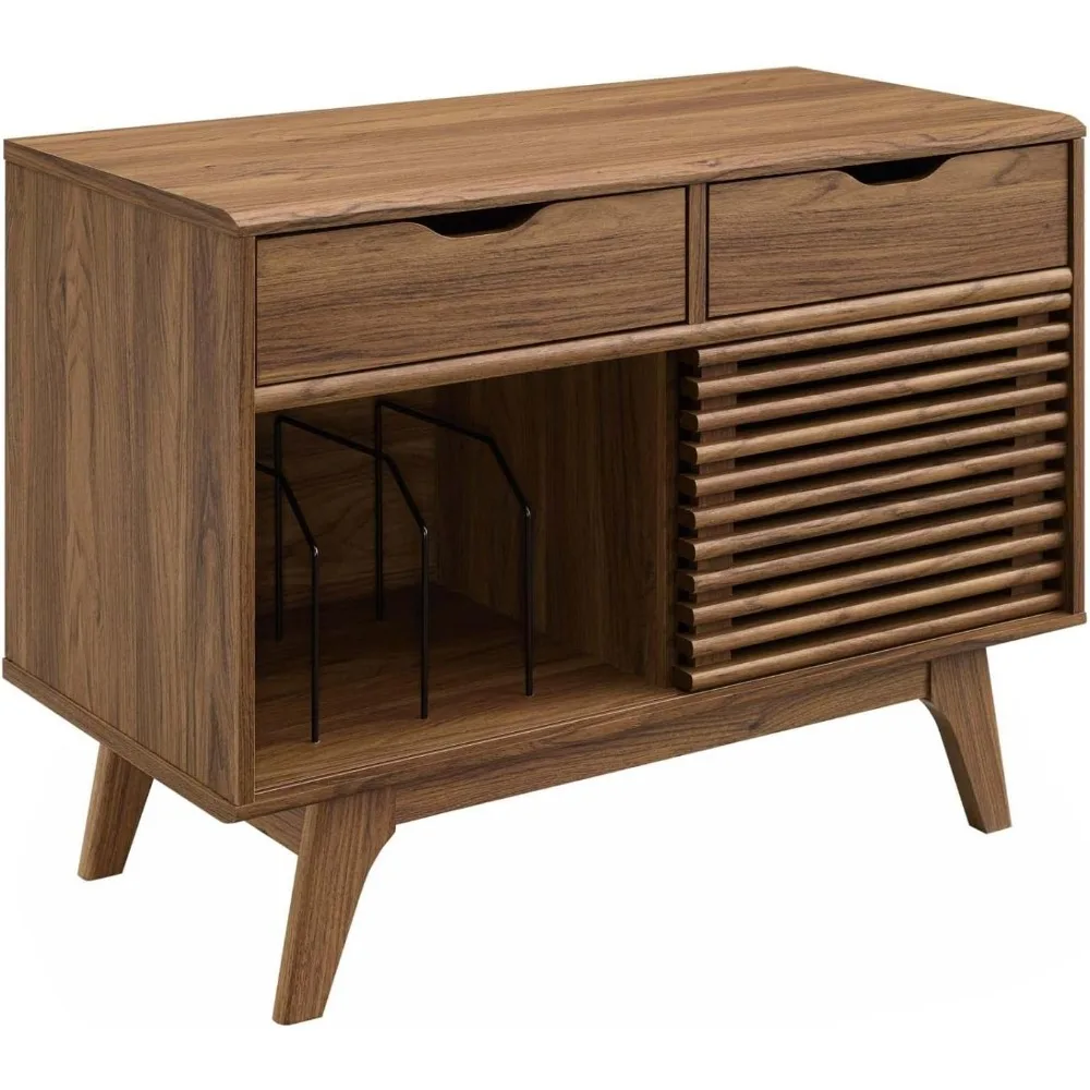 Render Mid-Century Modern Vinyl Record Storage Display Cabinet, 37 Inch, Walnut