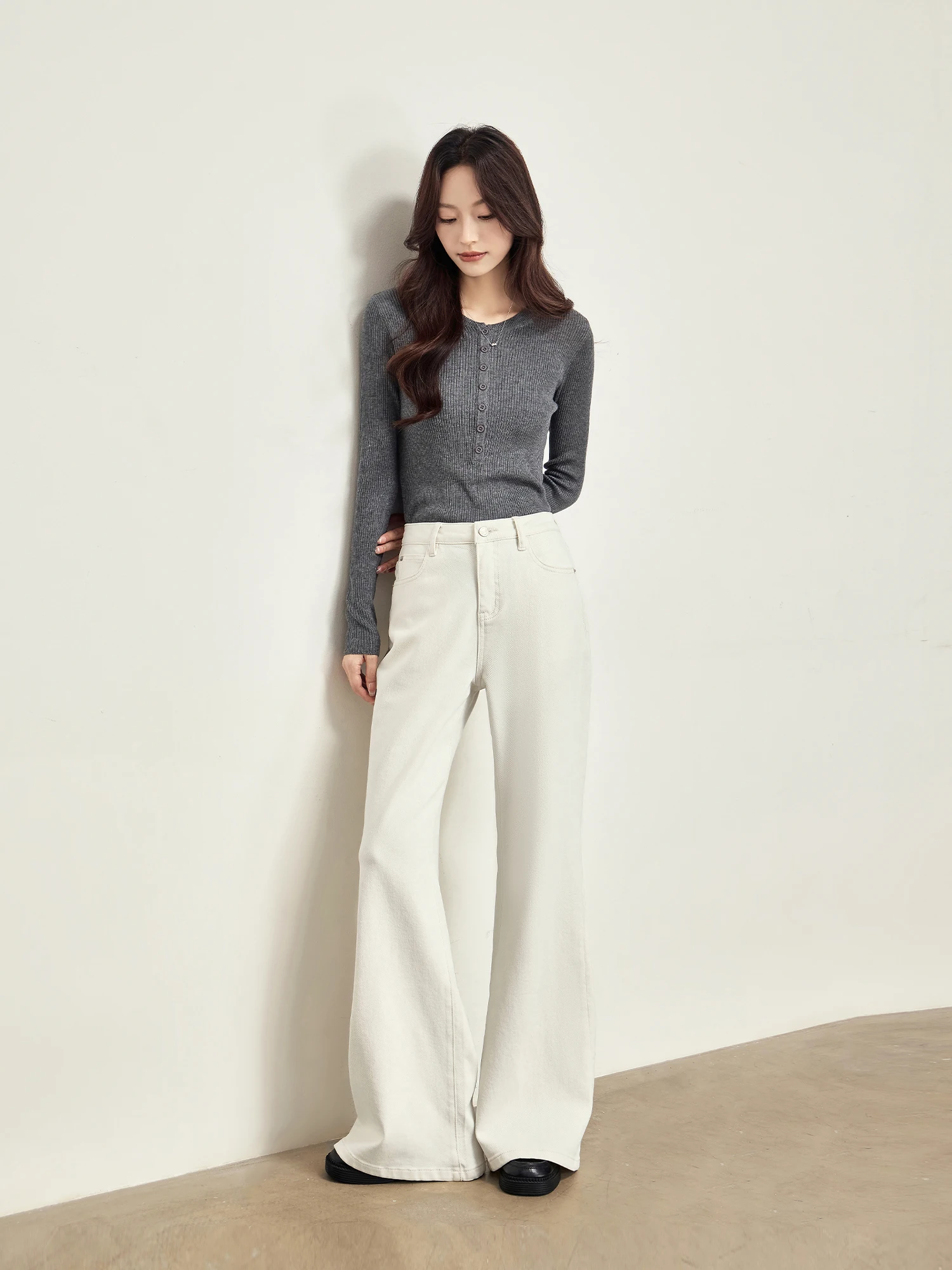 

White Bell Bottom Jeans Women's Spring Summer Slimming Elastic Cotton Denim High Waist Zipper Closure Daily Wear Resistant