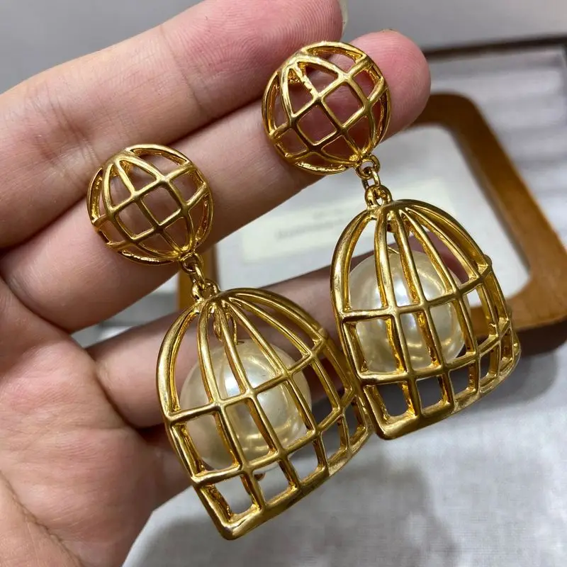 Gold Plated Birdcage Imitation Pearl Dangle Earrings Hollow Grid Globe Drop Earrings Fashion Daily Jewelry For Women
