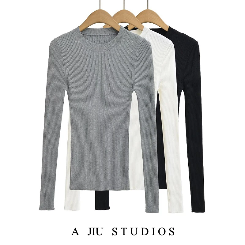 

Slim Fit Long Sve round Ne Вязаный свитер Basic Sle для женщин Осень Зима Мягкий эластичный топ с внутренней стороны