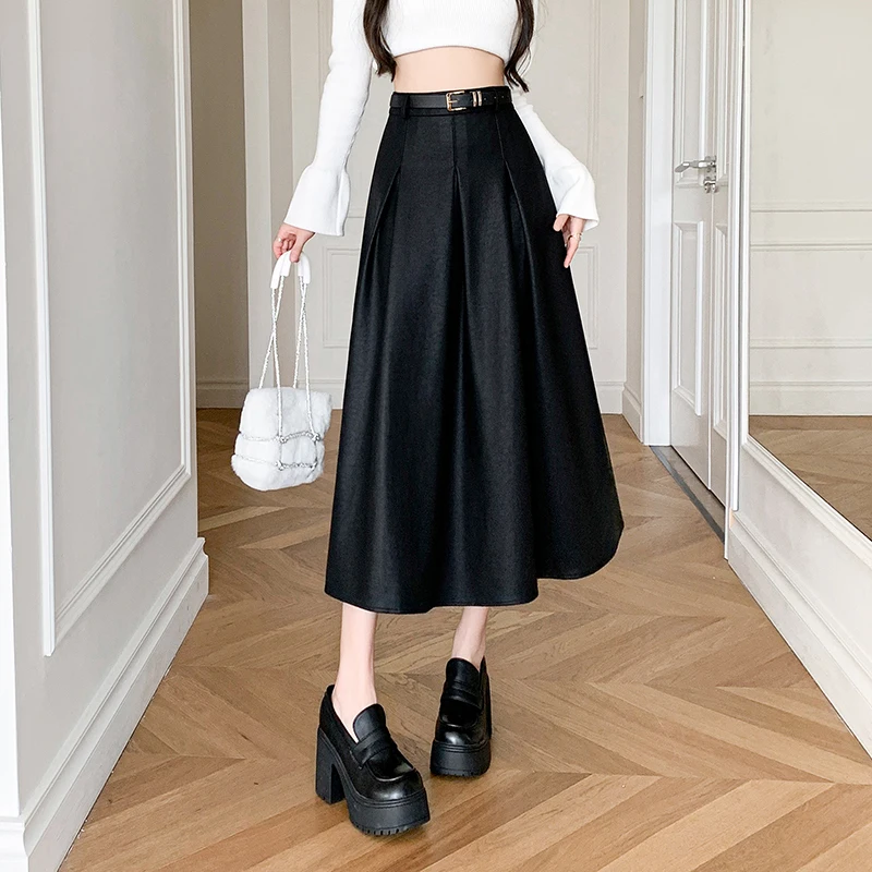 

2024 New Autumn Winter Leather Long Skirts Womens Vintage High Waist A-line Pleated Skirts Ladies Fashion PU Umbrella Skirt