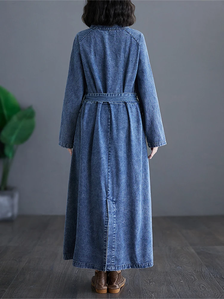 NYFS 2025 ربيع الخريف جديد خمر النساء فساتين من قماش الدنيم Vestidos رداء Elbise فضفاض حجم كبير كم طويل موضة فستان طويل