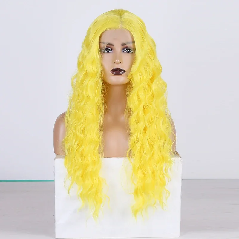 RDY-Perruque Lace Front Wig synthétique sans colle jaune fluo, perruque Deep Wave, naissance des cheveux naturelle, cheveux longs bouclés pour femmes, 03/