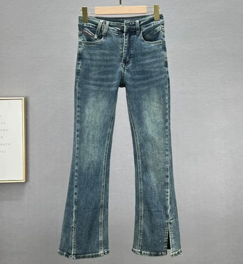 Stretchy Cropped Jeans Women High Waist Slit Skinny Denim Jeans Elegant Slim Fare Denim Pants Fashion Women Trousers