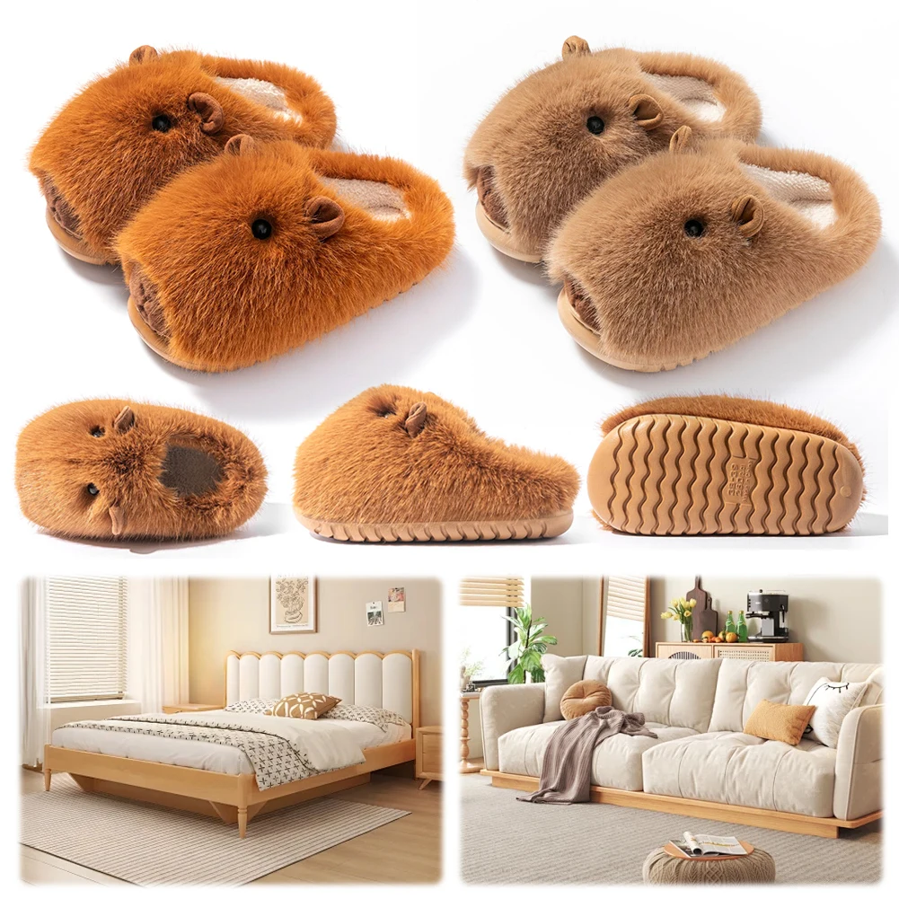 Plush Capybara Slippers Slip-on House Shoes Comfortable Thermal Home Slippers Non-Slip Fluffy Couple Slippers for Indoor Bedroom