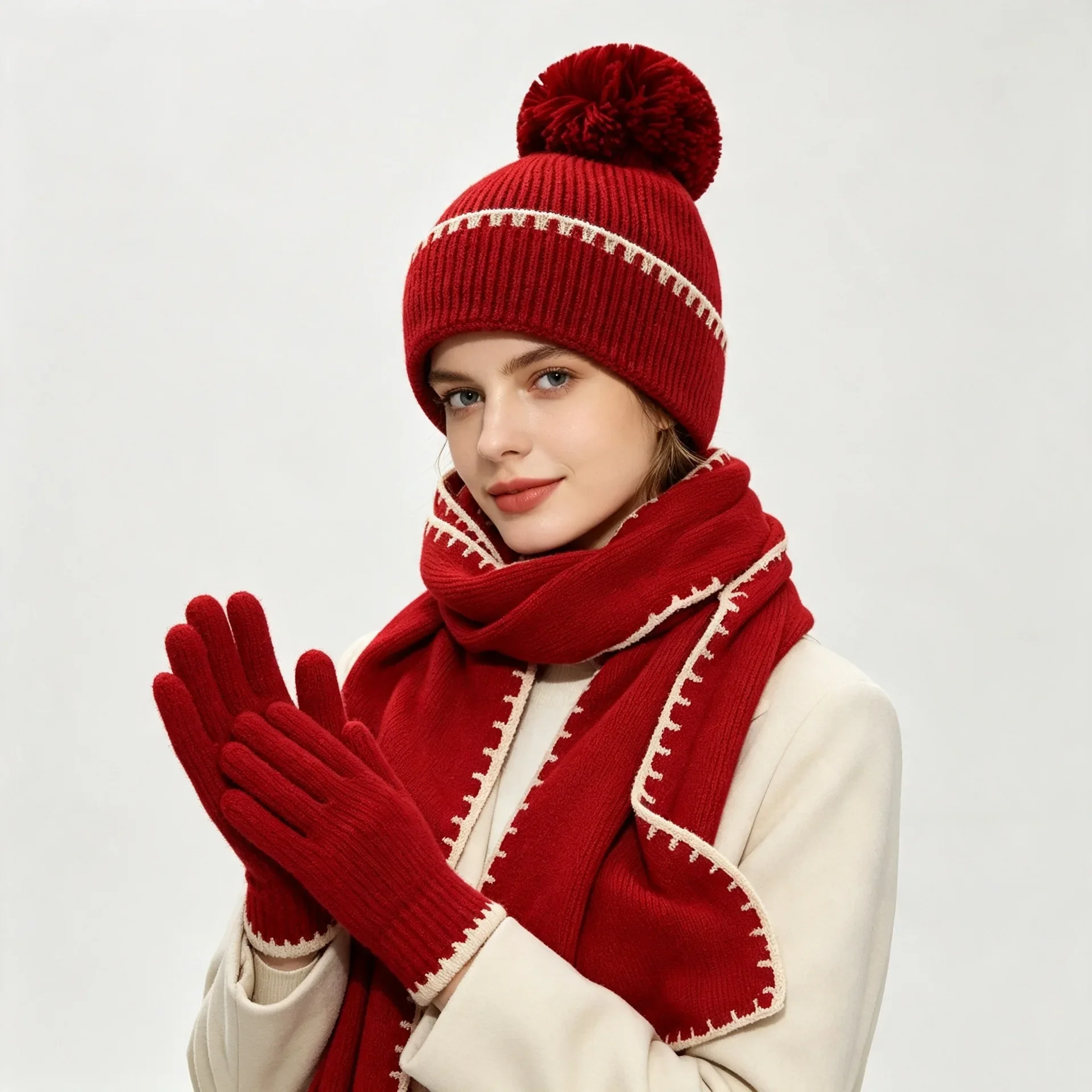 2026 Winter Women s Knitted Hat Scarf Gloves 3 Piece Set with Faux Fur Pompom Contrast Color Trim Warm Fleece Lined
