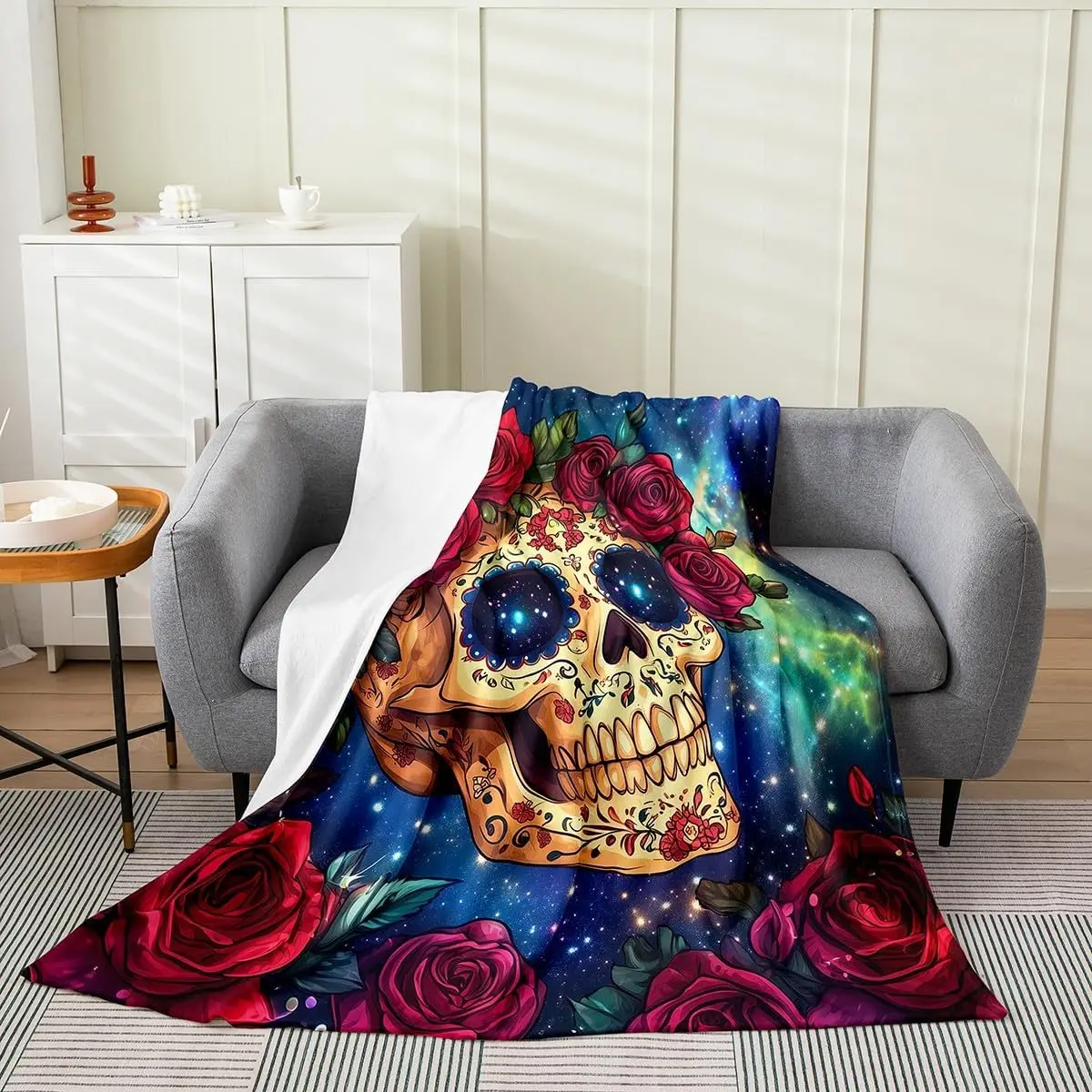 Erosebridal Sugar Skull Throw Blanket Romantic Rose Floral Fleece Blanket Queen Mysterious Starry Sky Blanket Exotic Skeleton