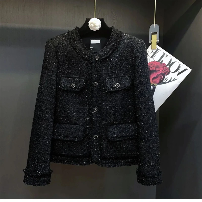 Damen Kurzjacke 2026 Frühling Herbst Hochwertiger Tweed Damen Freizeitjacke Einfarbiger Einreihiger Damenmantel von hoher Qualität