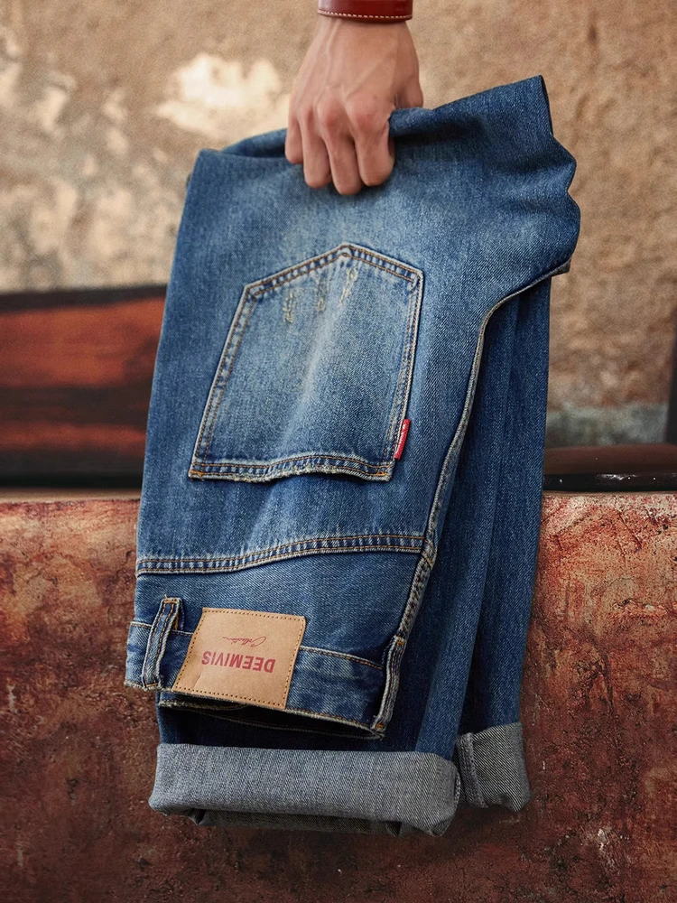 

Мужские повседневные джинсы большого размера из выстиранного денима, прямого кроя, хлопковые, винтажные, с эффектом потертости, для осени и зимы, комфортная посадка