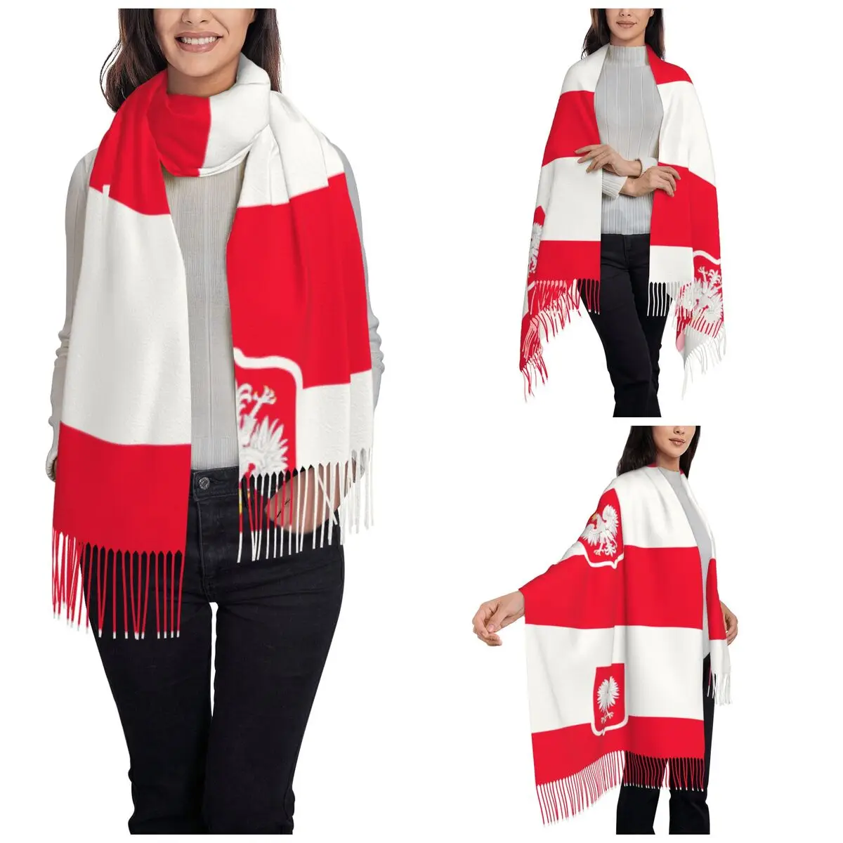 Women's Tassel Scarf Polska Flag Large Winter Warm Shawl Wrap Polish Poland Daily Wear Cashmere Scarf