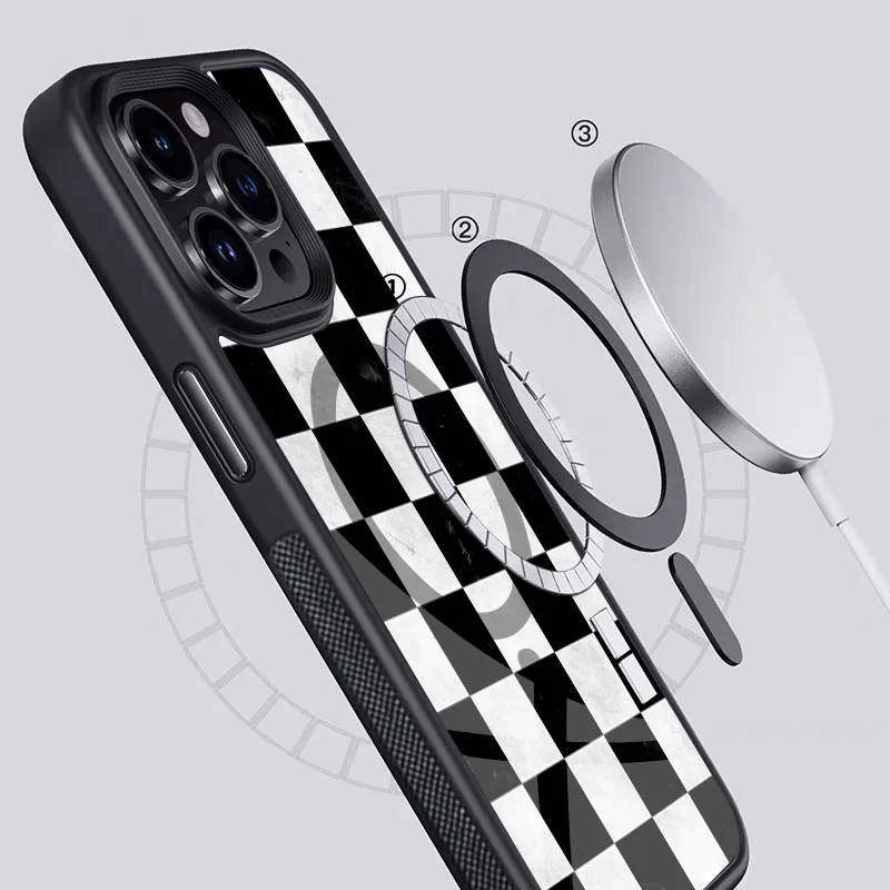 Nero bianco Checkerboar Case Strong Magnetic IPhone 15 14 13 Pro Max 11 12 Mini Alex Mirror Magsafe Wireless Charging Cover