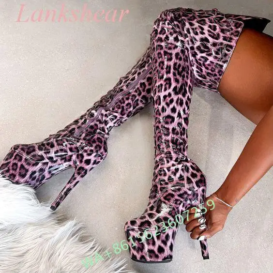 Multi Color Leopard Women\'s Boots Crotch Thigh High Platform Hot Sexy Girl High Heels Stilettos Custom Fit Boots Large Size