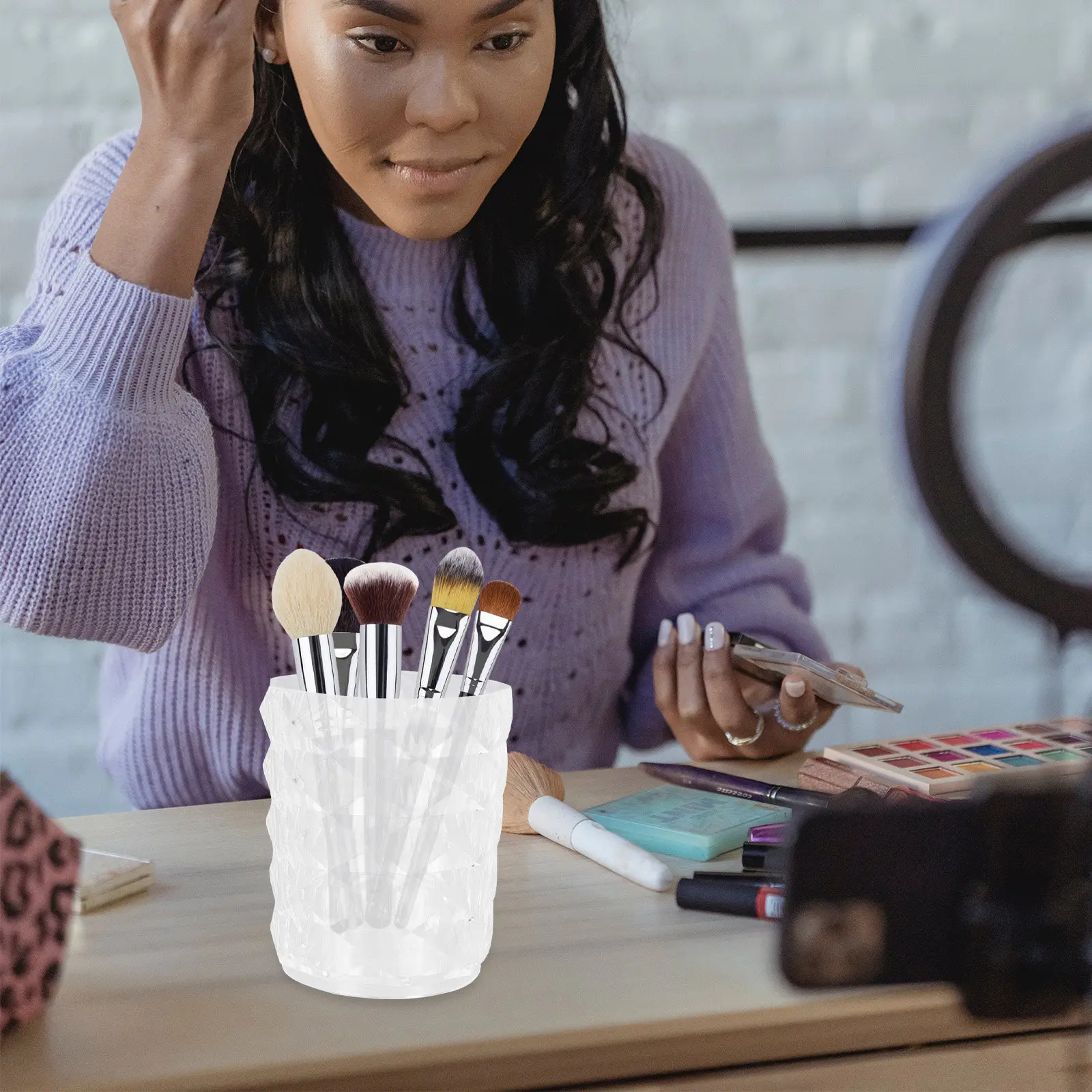 1 unidad de organizador transparente para brochas de maquillaje, caja de almacenamiento a prueba de polvo, contenedor para polvos compactos, almohadillas de maquillaje y hisopos de algodón