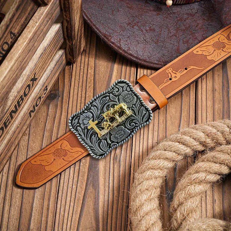 حزام الدنيم الغربي للرجال، حزام ريترو، صليب المجد الصباحي، حزام الصلاة يحمل الحصان، مشبك، شخصية الهيب هوب، طراز قديم، #5