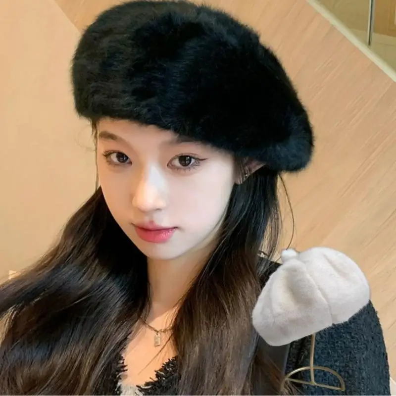 

New Plush Berets for Women Winter hat Soft Fluffy warm Artist Painter Hat Mink Fur Outdoor Windproof Beret Female Octagonal Cap