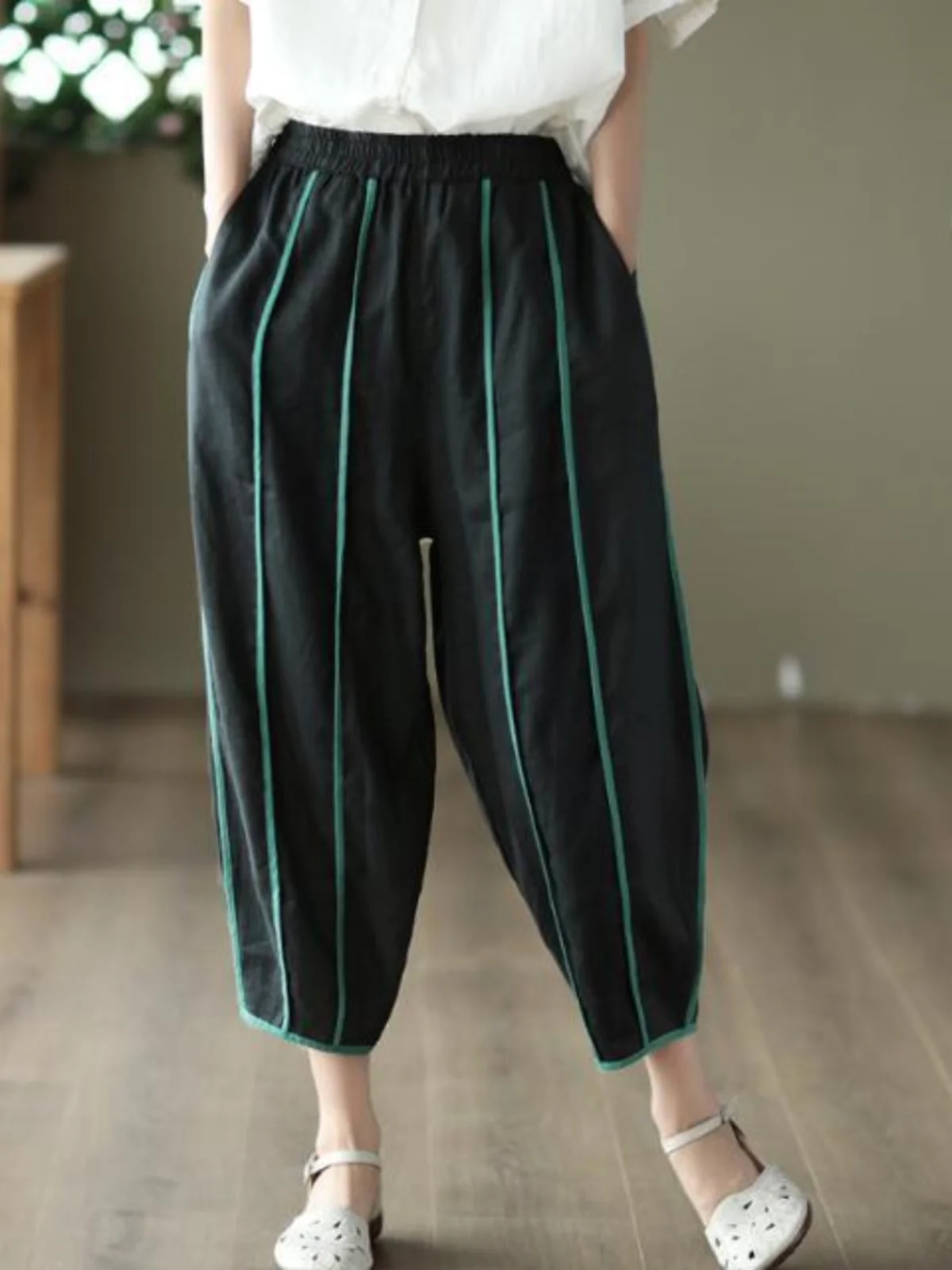 Spring Summer New Vintage Cotton Linen Women's Pants Loose Elastic Waist Thin Harlan Casual Trousers High Waist Pocket Detail