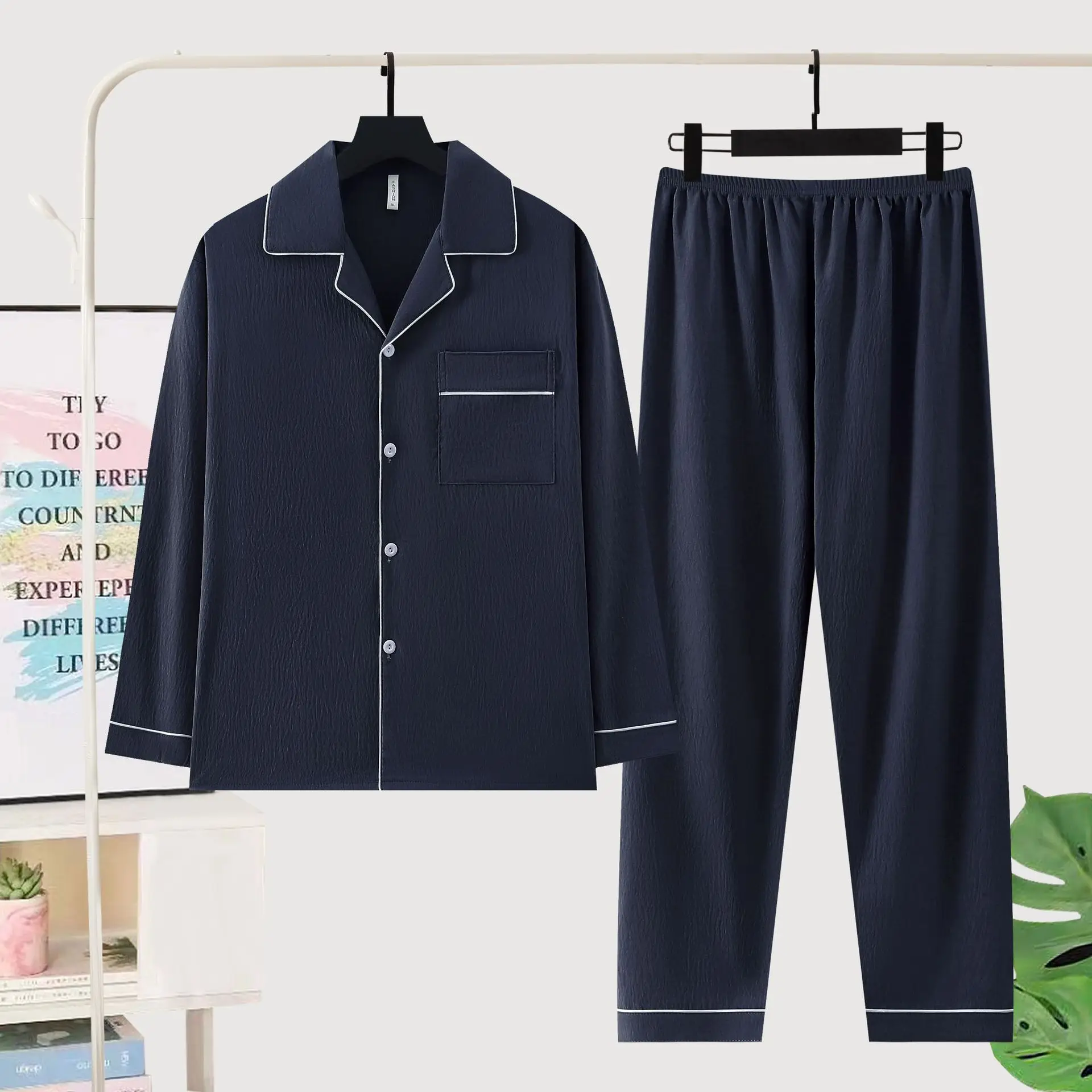 

Men's Spring/Autumn Long Sleeve Long Pants Minimalist Solid Color Two-Piece Sleepwear Suitable for Outdoor Wear Loungewear