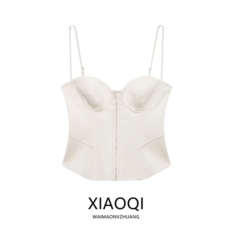 Spring Summer New Women's Heart Collar Strap Close-Fitting Top Fashionable Elegant Style Zipper Closure Casual Wear