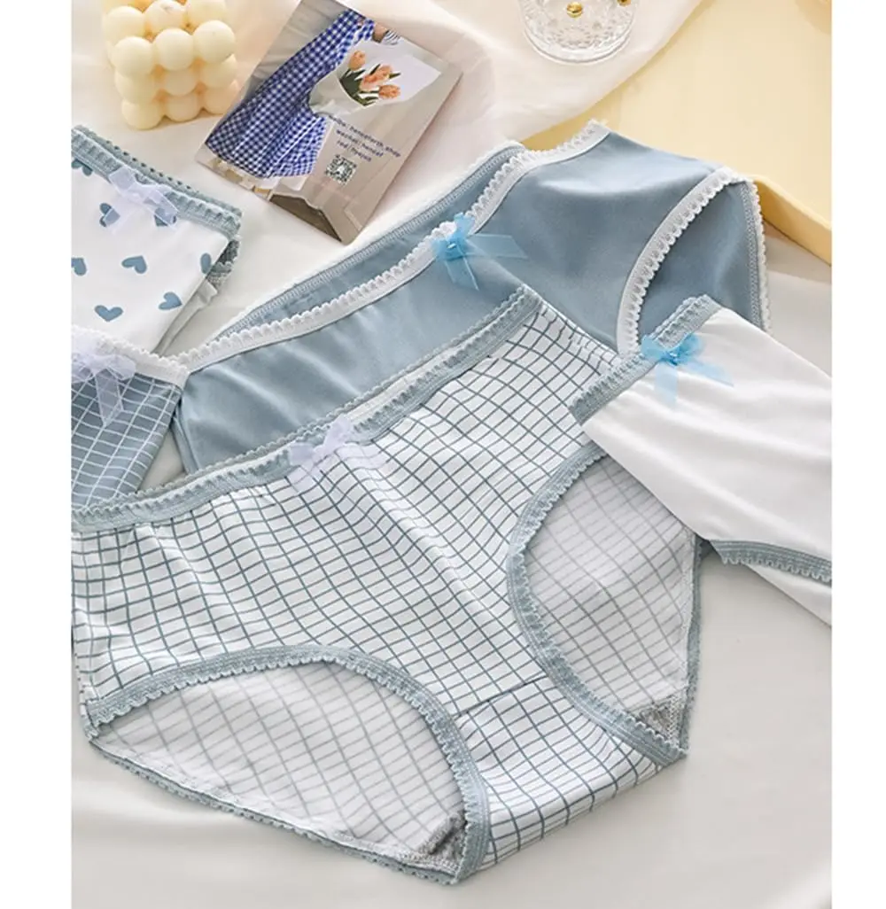 5pcs Women’s Cotton Panties Underwear Briefs Set Cute Bow Heart Plaid Print Soft Breathable Comfy Intimates Lingerie