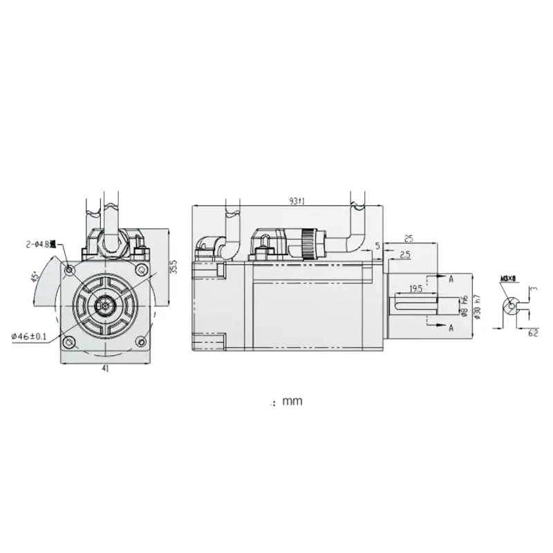0.32N·m Constant Torque, 3000RPM, 2500PPR Encoder, 40mm Frame, 8mm Shaft with Keyway，100W 24V Low-Voltage DC Servo Motor