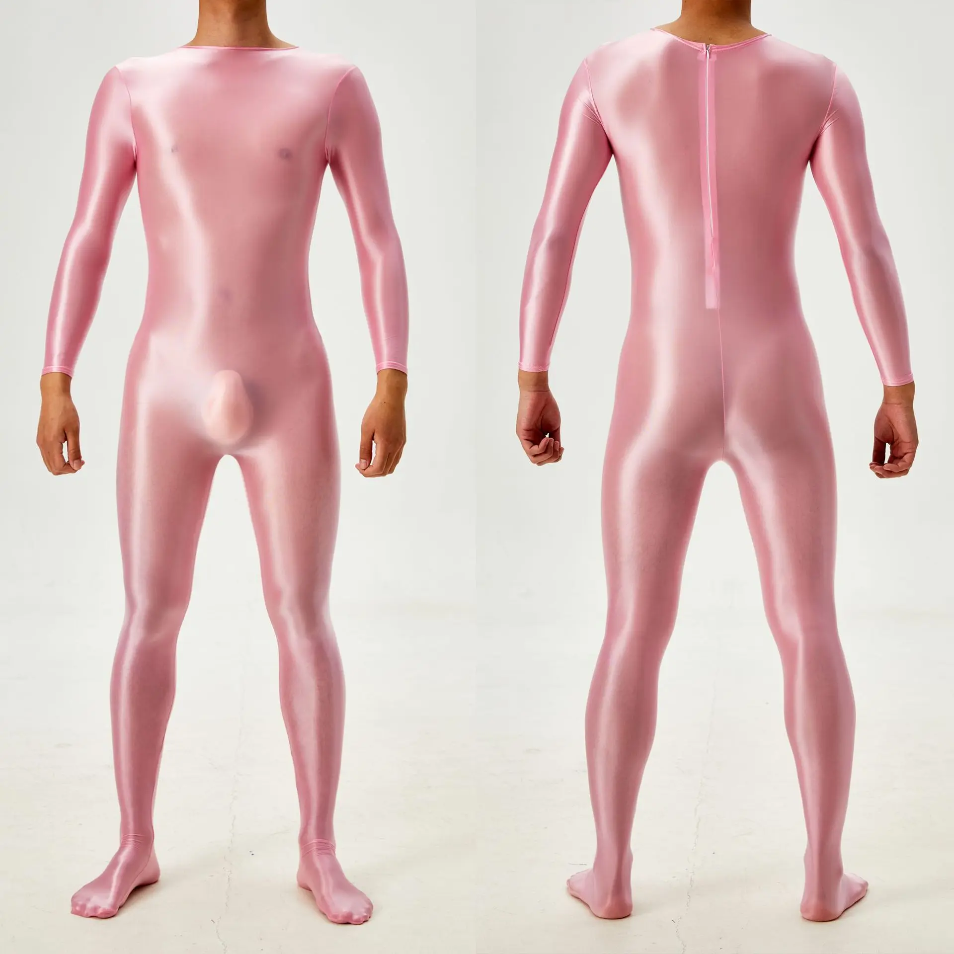 Glossy Sexy Transparent Mens Jumpsuit Zentai Suit Lingerie Long Sleeve Tights Fitness Bodysuit Costume