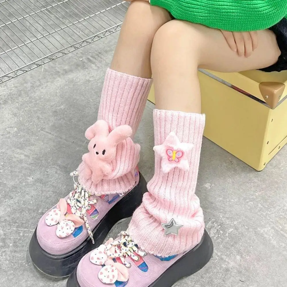 Original Design Rabbit Star Knitted Pile Socks Cute Fold Ears Rabbit Striped Knitted Sleeves Millennium Style Fashion Versatile
