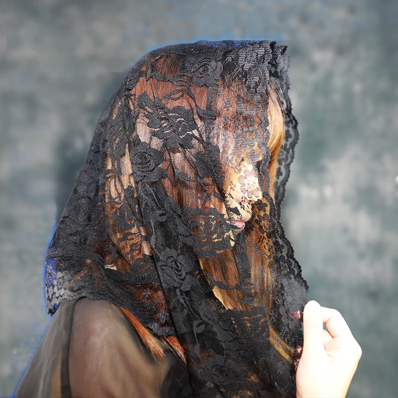 Mantilla de velo de encaje negro para Iglesia, cabeza de misa latina católica que cubre Vela Mantilla Negra Voile Dentelle Vela Negra Mantilla