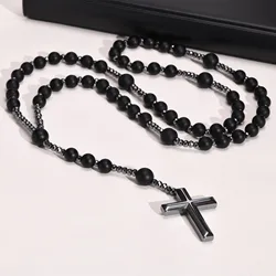 Mprainbow Mens Cross Rosary Necklaces, Hematite Pendant with 70cm Black Beaded  Long Chain, Religious Faith Prayer Jewelry