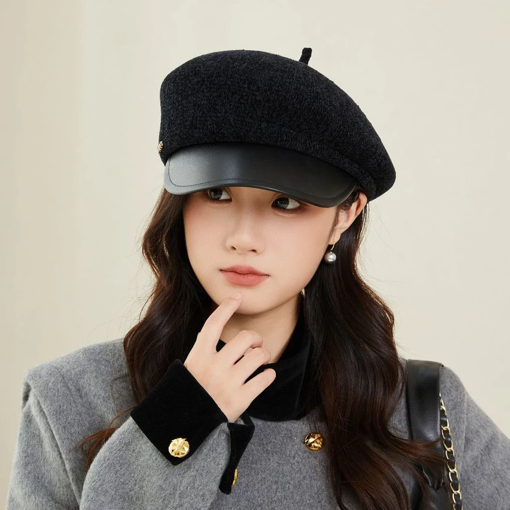 الكورية الشنيل قبعة قبعة بولي Leather الجلود حافة المرأة الخريف قبعة دافئة البريطانية الرجعية قبعة الرسام إلى الأمام القبعات Viisors قبعة القبعات