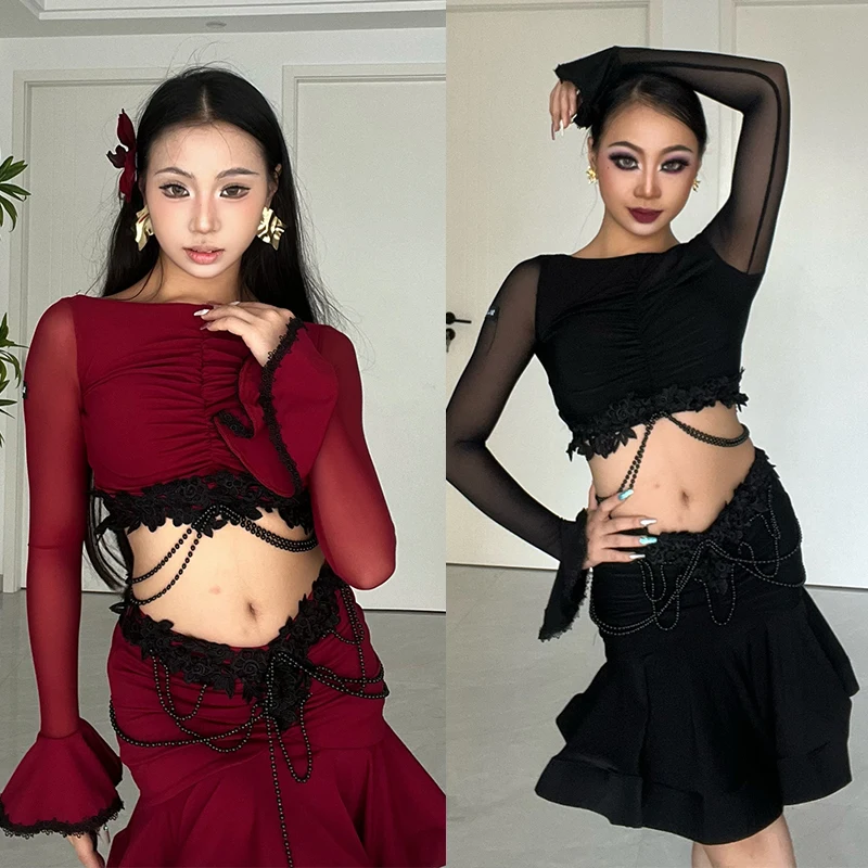 Latin Dance Costume Women Sexy Performance Clothes Short Top Fishbone Skirt Winte Red Black Dress Adult Rumba Dancewear DNV21705