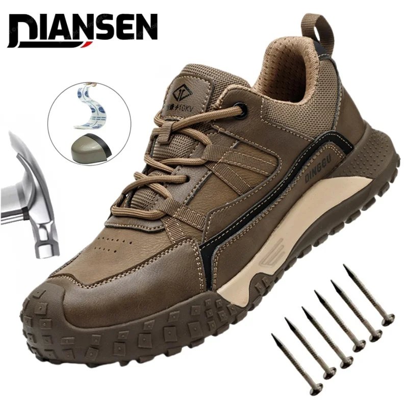 Zapatos con punta de acero para hombre, zapatillas de trabajo sin cordones, cómodos y ligeros, zapatos de construcción, zapatos de seguridad exteriores marrones