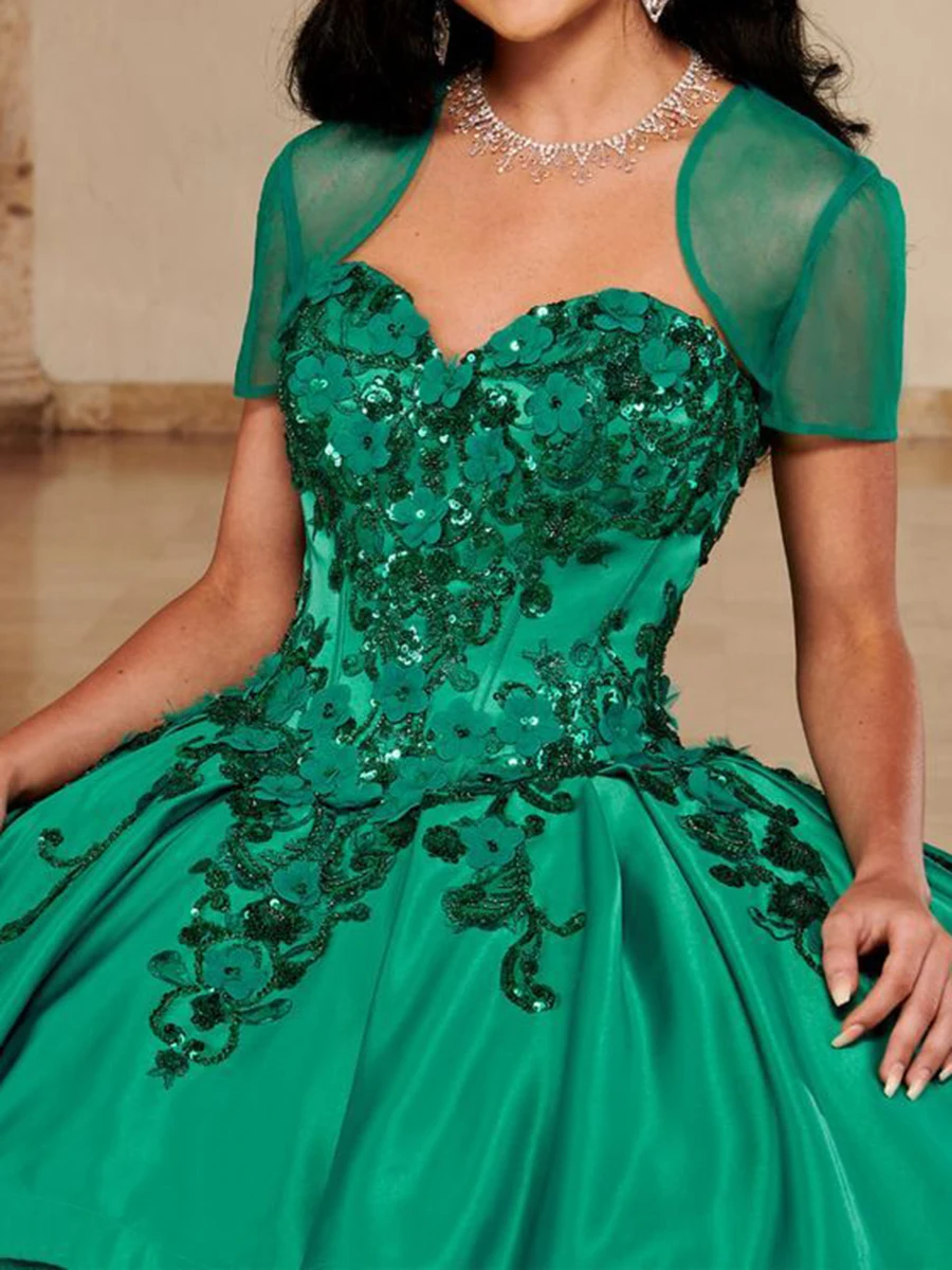 Abito Quinceanera con paillettes di lusso personalizzato che borda il partito elegante applique da sera corte strascico abito da ballo abito da ballo verde tulle