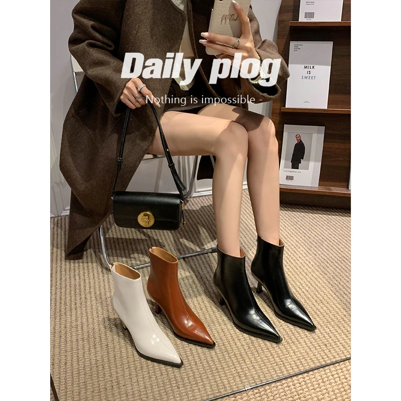 

2026 новые осенне-зимние женские ботильоны больших размеров 22-24,5 см, короткие ботинки из воловьей кожи с острым носком, узкие ботинки на высоком каблуке с молнией сзади